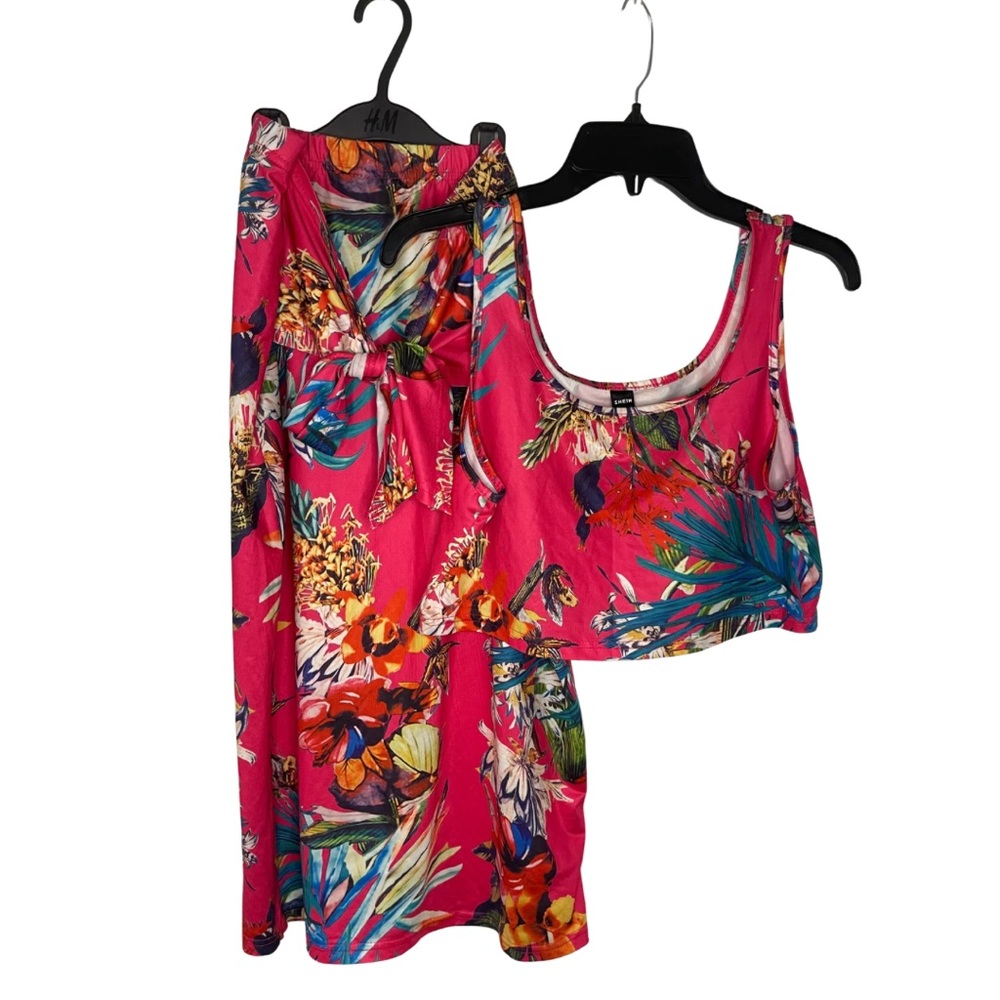 SHEIN Pink Tropical Floral Skirt Set